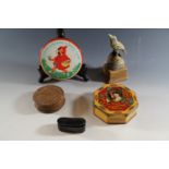 A snuff box, wooden box, two tin boxes and a horn bird ornament