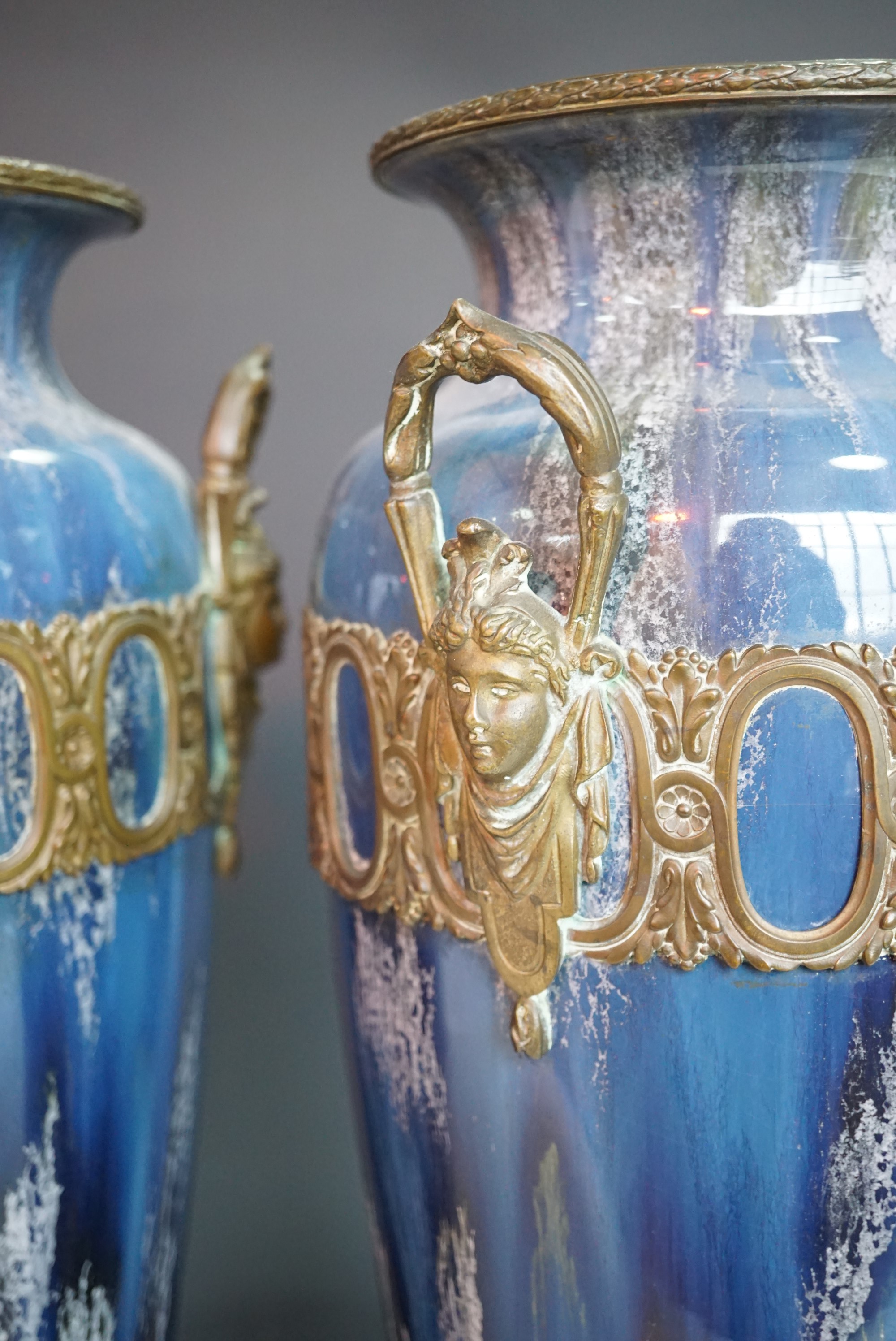 A large pair of 19th Century French ormolu mounted vases, of slender shouldered oval form, with an - Image 2 of 3