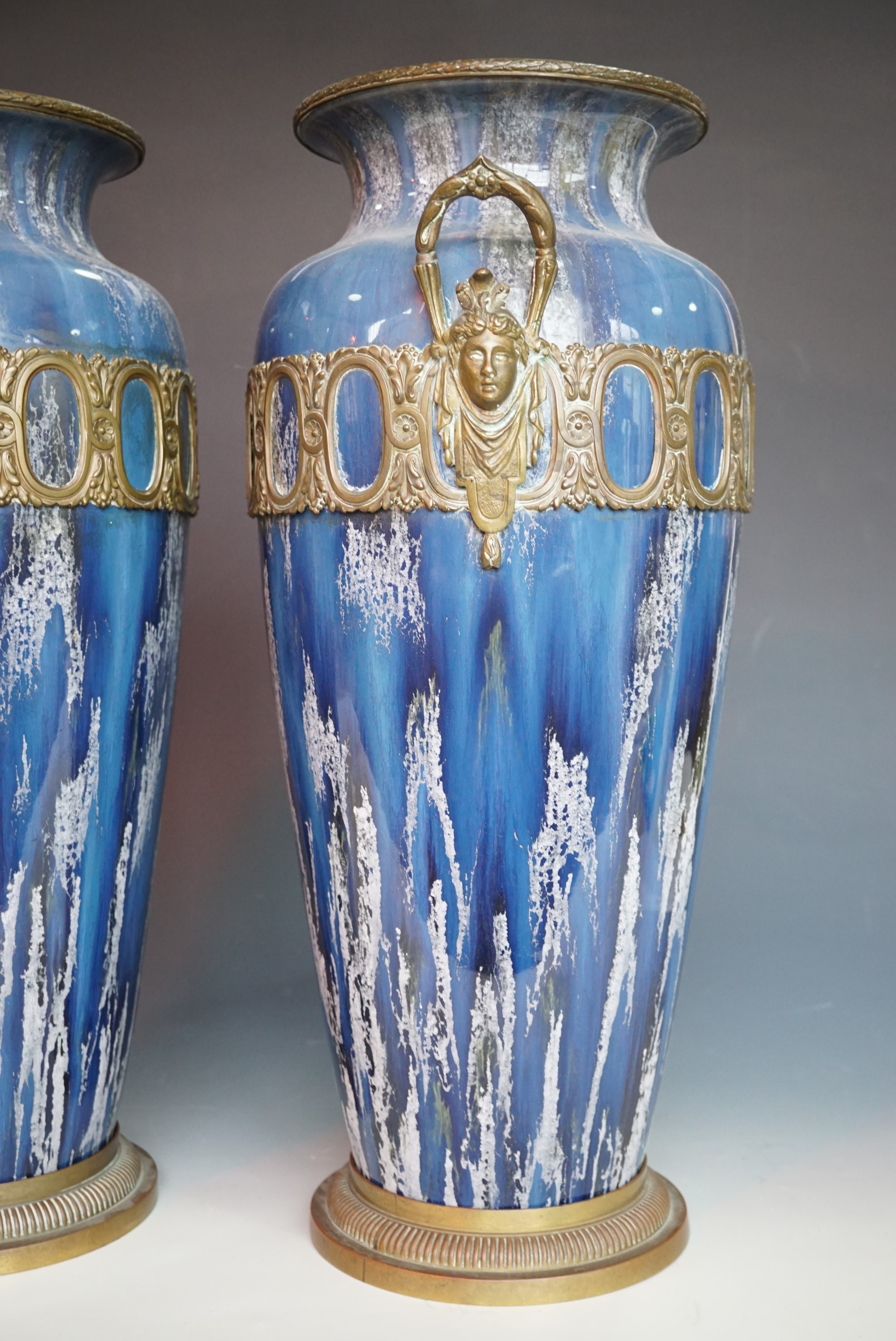 A large pair of 19th Century French ormolu mounted vases, of slender shouldered oval form, with an - Image 3 of 3