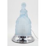 A mid-20th Century pressed blue glass figural table lamp modelled as a Victorian young woman in