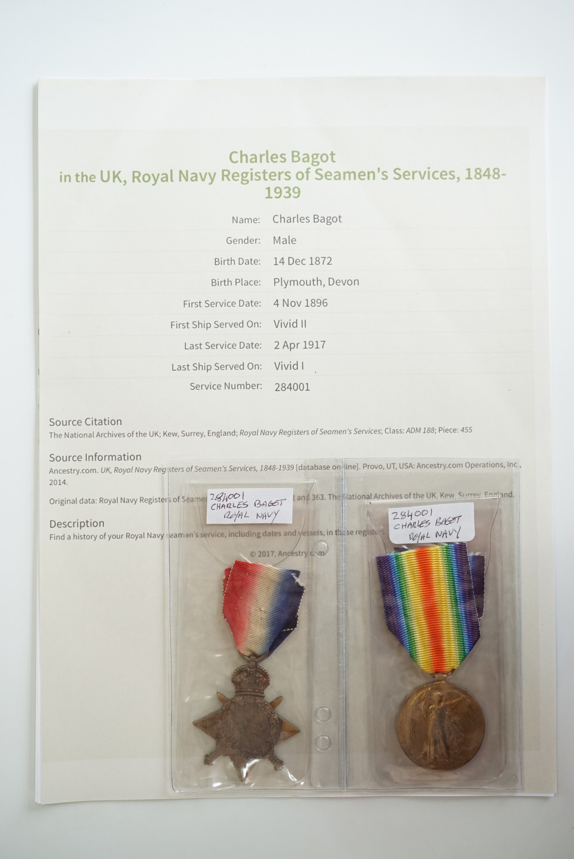 A 1914-15 Star and Victory medal to M 11439 C Hiskett, SSA, RN; 1914-15 Star and Victory medal to - Image 2 of 4