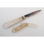 A 19th Century silver folding fruit knife with engraved mother of pearl grip scales, and a mother of