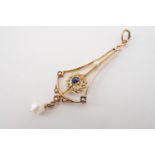 An early 20th Century Aesthetic-influenced sapphire doublet and baroque pearl pendant, of delicate