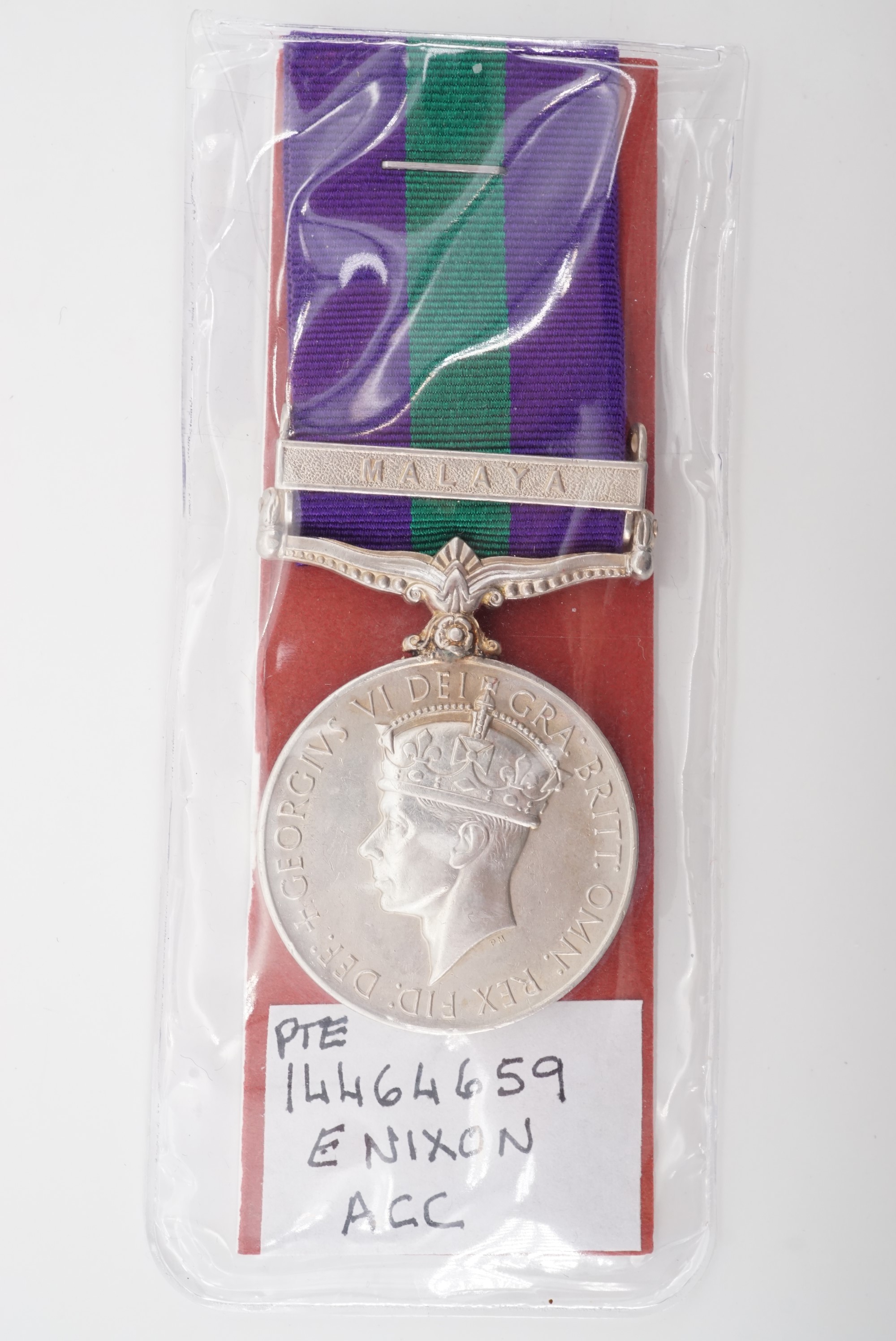 A George VI General Service Medal with Malaya clasp to 14464659 Pte A Nixon, ACC