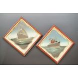 Two reverse glass paintings of ocean liners "Titanic" and "Mauretania", with foil highlights, each