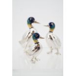 Three Elizabeth II miniature enamelled silver mallard ducks, graded in size, Mark Houghton Ltd of