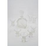 A Czechoslovakian Art Deco cut glass decanter and glasses, decanter 25 cm high