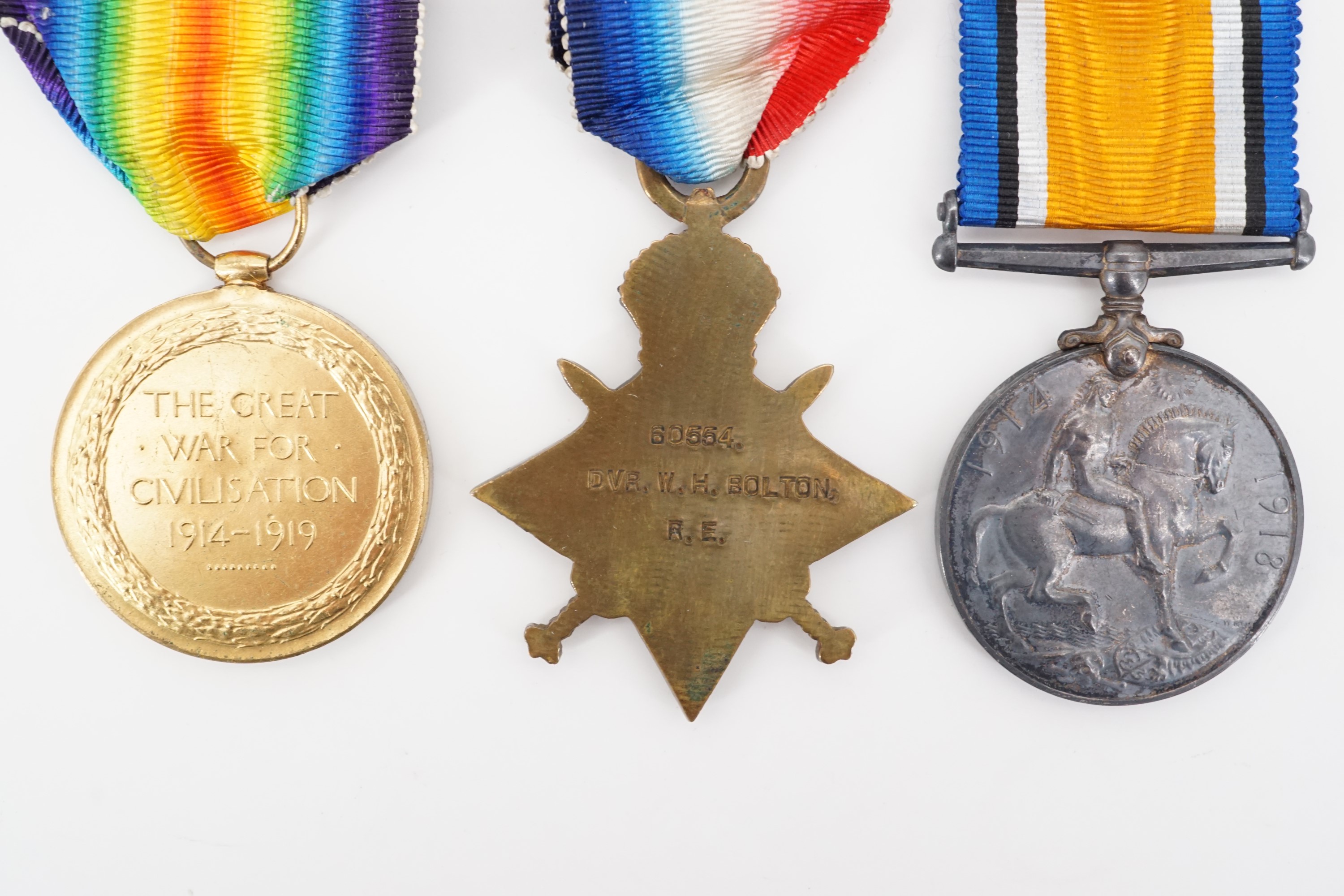 1914-15 Star, British War and Victory medals to 60554, Dvr W H Bolton, RE, with issue documents etc - Image 4 of 7