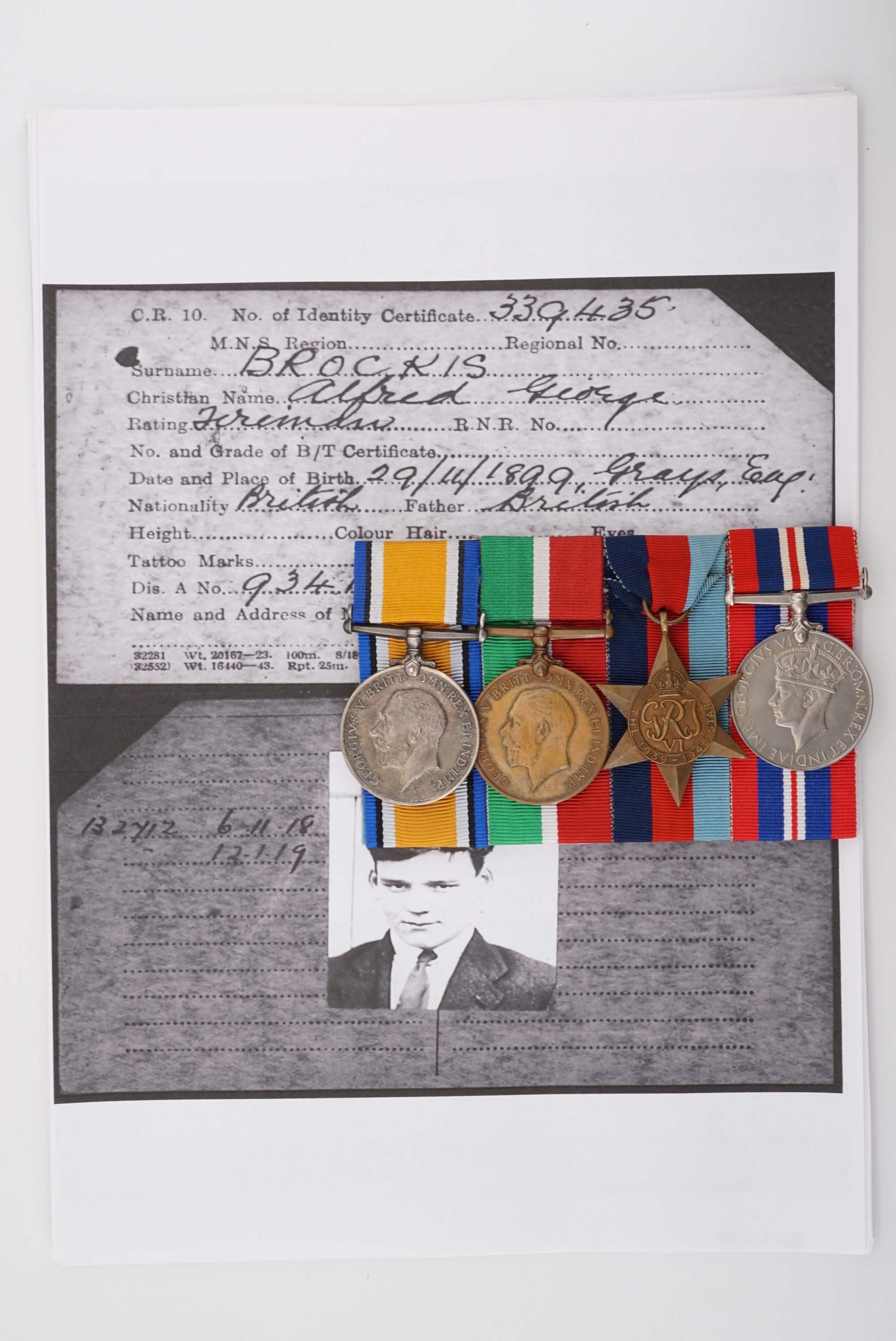 British War and Mercantile Marine Medals to Stoker Alfred G Brockis, mounted with 1939-45 Star and