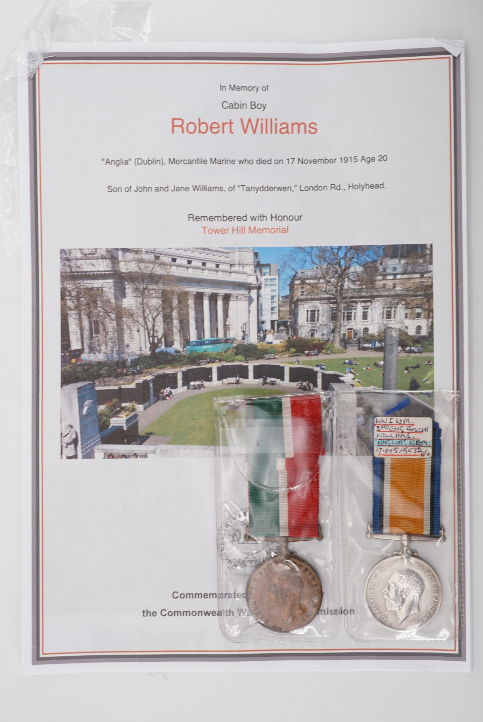 A sibling casualty medal group comprising Mercantile Marine Medal to Robert Williams, killed as