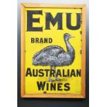 A vintage "Emu Brand Australian Wines" enamelled metal advertising sign, framed, 73 x 47 cm