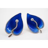 A pair of Norwegian blue guilloche-enamelled white metal earrings, each in the form of a peace lily,