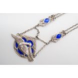 An Alexander Ritchie Iona Scottish silver and basse taille enamelled Celtic 'dove' pendant on chain,