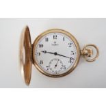 A 1920s Roidor 9ct gold half-hunter pocket watch, having 17-jewel crown-wound movement and enamel