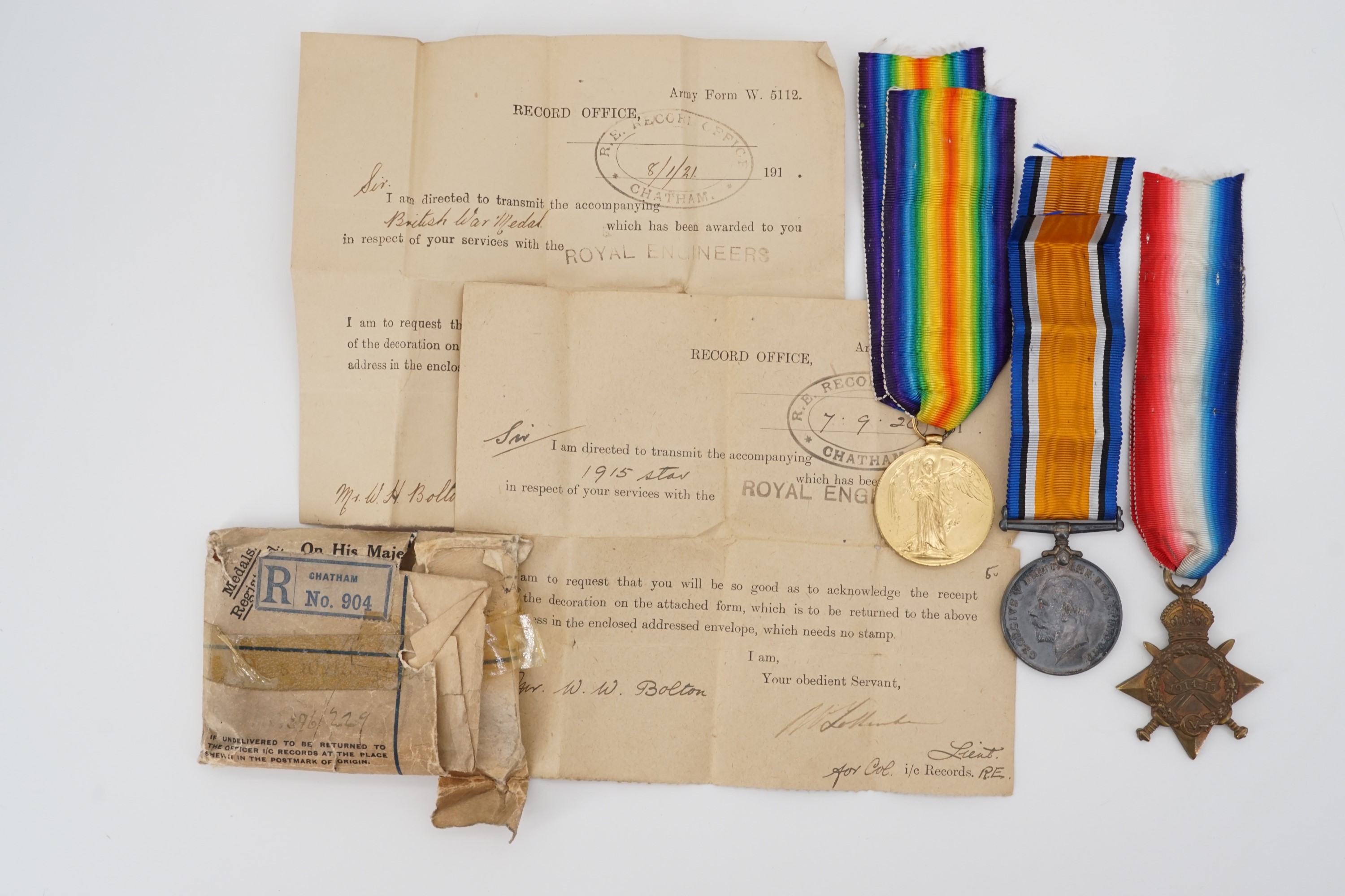 1914-15 Star, British War and Victory medals to 60554, Dvr W H Bolton, RE, with issue documents etc