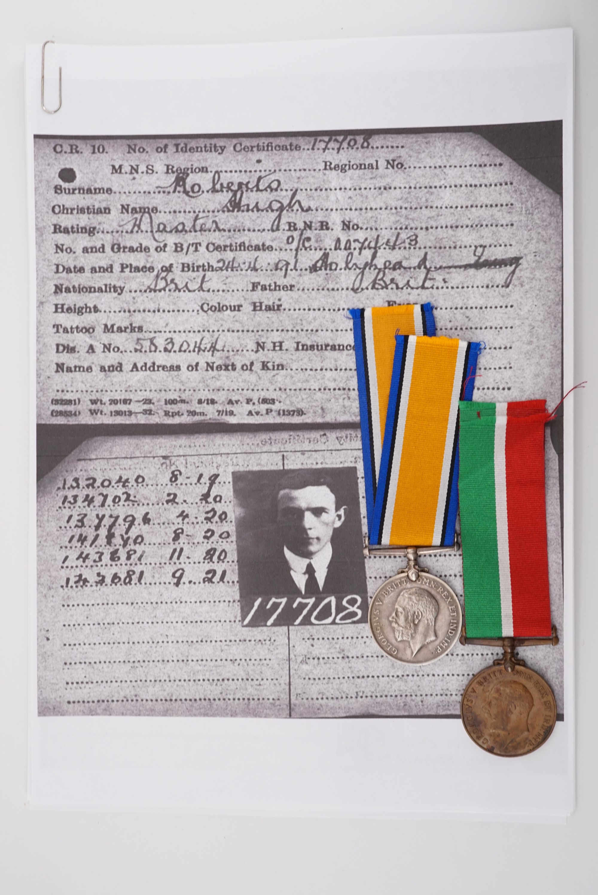 British War and Mercantile Marine Medals to Master Hugh Roberts