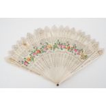 A Regency period bone brise fan, with reticulated dendritic fronds and hand painted blossoms, 15