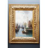 Van Porten (19th Century) Harbour scene with sailing vessels, oil on canvas, in moulded gilt