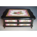 19th Century gilt mounted and ebonized sewing box inset with KPM porcelain plaques, 47 x 38 x 19 cm