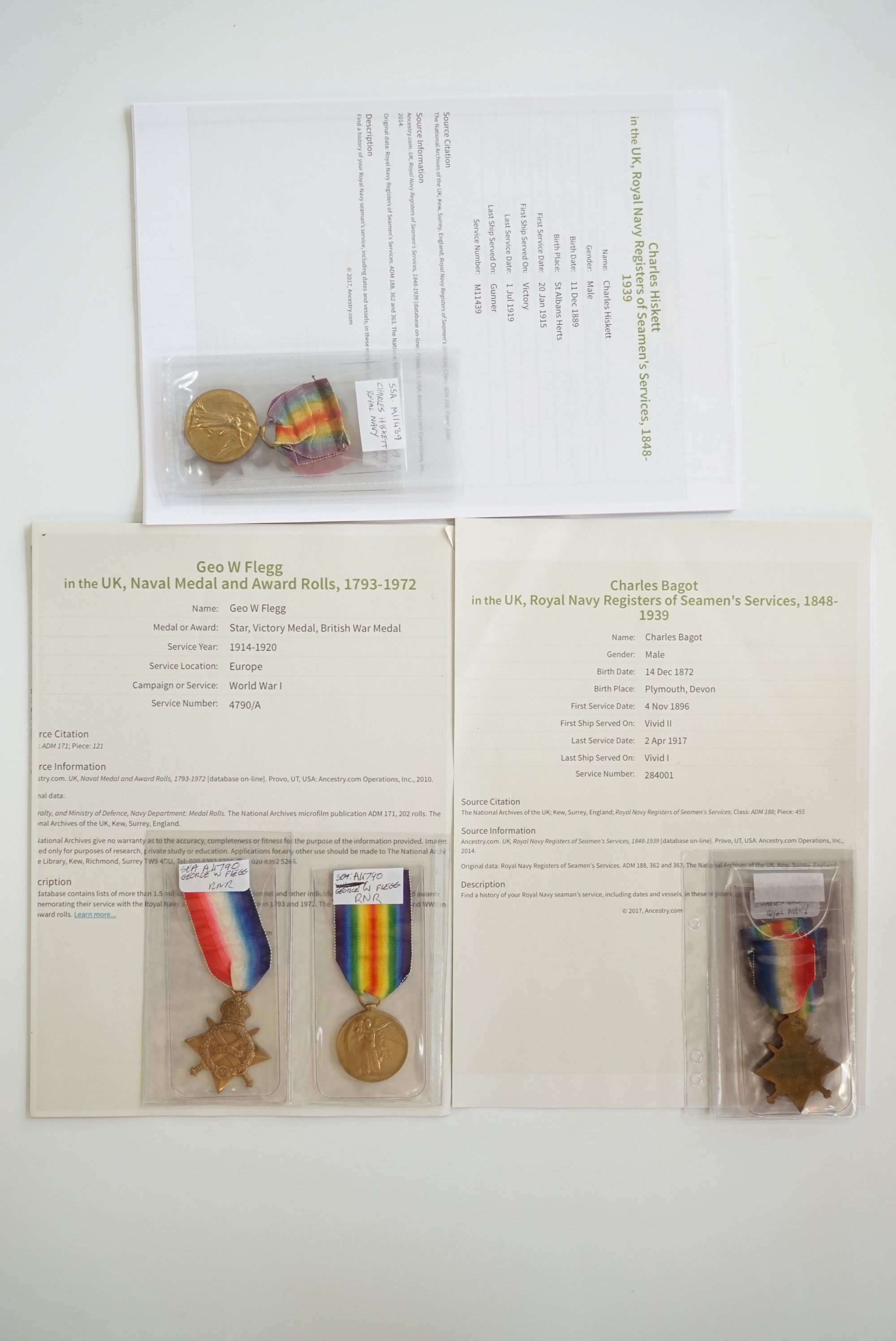 A 1914-15 Star and Victory medal to M 11439 C Hiskett, SSA, RN; 1914-15 Star and Victory medal to