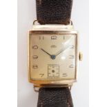 A gentleman's 1940s 9ct gold cased Trebex wrist watch, having a Swiss 15 jewel movement, square