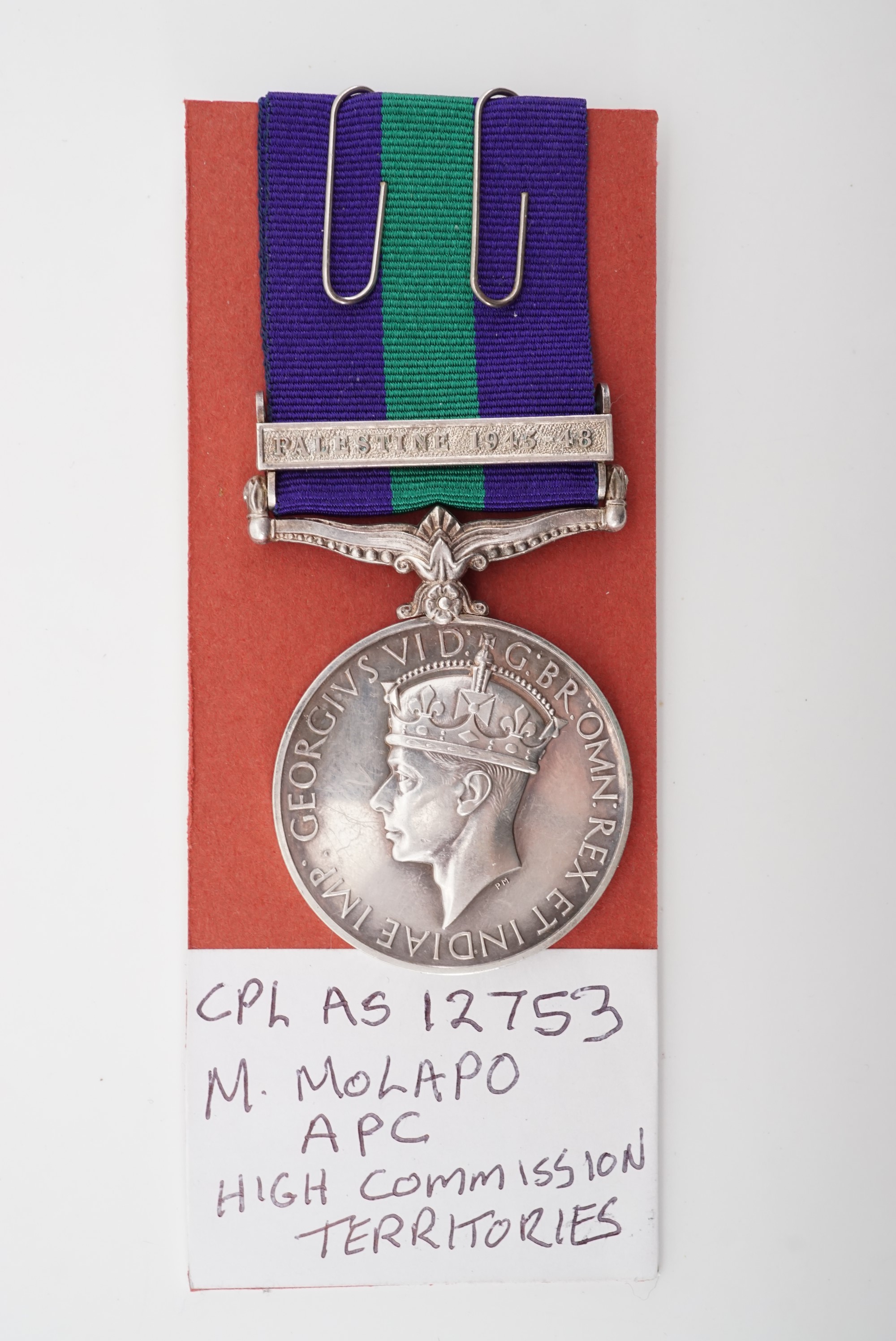 A George VI General Service Medal with Palestine 1945-48 clasp to AS 12753 Cpl M Molapo, APC