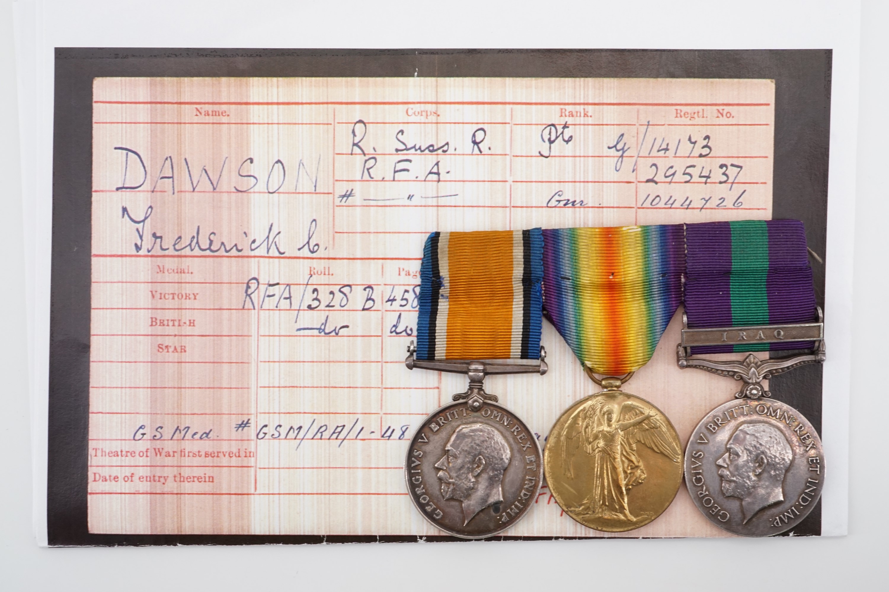 British War and Victory Medals, together with George V GSM with Iraq clasp to G-14173 Pte F C