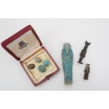 Egyptian antiquities including a ushabti figurine, two copper alloy shrine or burial figures, one in