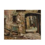 Joaquín Asensio (Barcelona, 1890-1961) Calle con figuras. Óleo sobre tabla. Firmado. 37 x 45,5 cm.