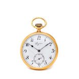 Reloj de bolsillo lepine Longines, ppios. del s.XX. En oro. Decoración guilloché y cartela con