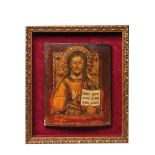 Escuela rusa, s.XIX. Cristo bendiciendo. Icono pintado al temple sobre tabla. Enmarcado. Icono: 41 x