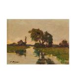 Joaquín Asensio (Barcelona, 1890-1961) Paisaje con río. Óleo sobre tabla. Firmado. 19 x 26 cm.