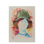 Gabriel Portolés (Jaca, Huesca, 1930) Muchacha con sombrero. Dibujo a ceras sobre papel. Firmado y