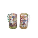 Pareja de jarras en cristal checo esmaltado con decoración de músicos y personajes a caballo,