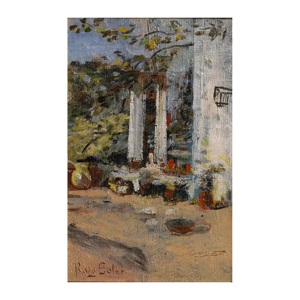 Joan Roig Soler (Barcelona, 1852-1909) Patio. Óleo sobre tela adherida a tabla. Firmado. 15 x 11