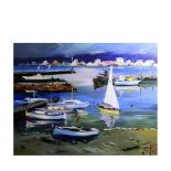 Joan Sarquella (Palamós, Girona, 1956) Port de Palamós. Óleo sobre tela. Firmado. Titulado y firmado