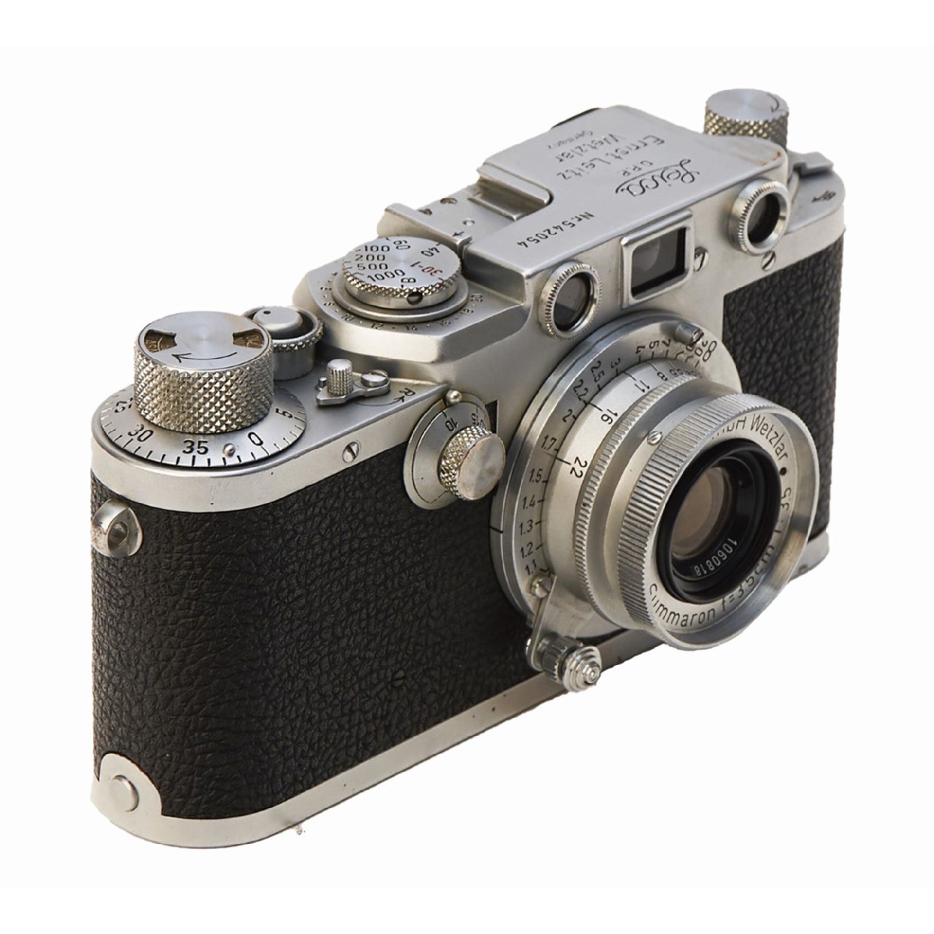 Cámara fotográfica alemana Leica modelo IIIf D.R.P. Nº 542054 con objetivo Summaron f=3.5 cm. 1:3.5,