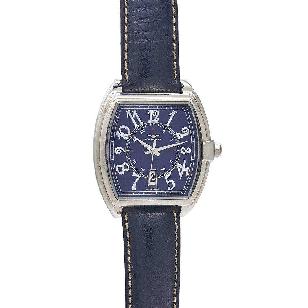 Reloj Sandoz de pulsera para caballero. En acero y correa de piel. Esfera azul con numeración