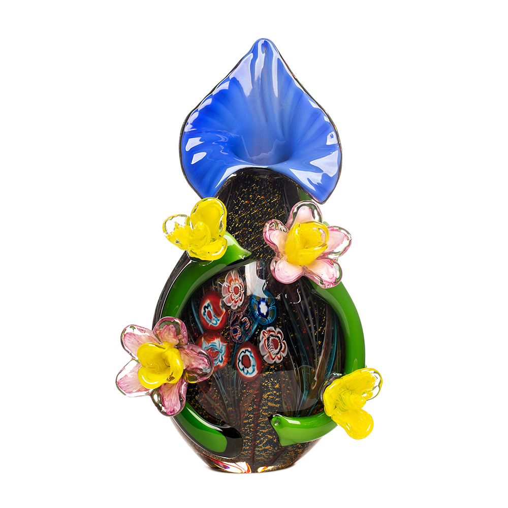 Jarrón en cristal polícromo de Murano "sommerso" con aplicaciones florales, fles. del s.XX. 44 x