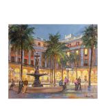 Josep Maria Miralles (Barcelona, 1937) Plaza Real. Barcelona. Óleo sobre tabla. Firmado. 38 x 46