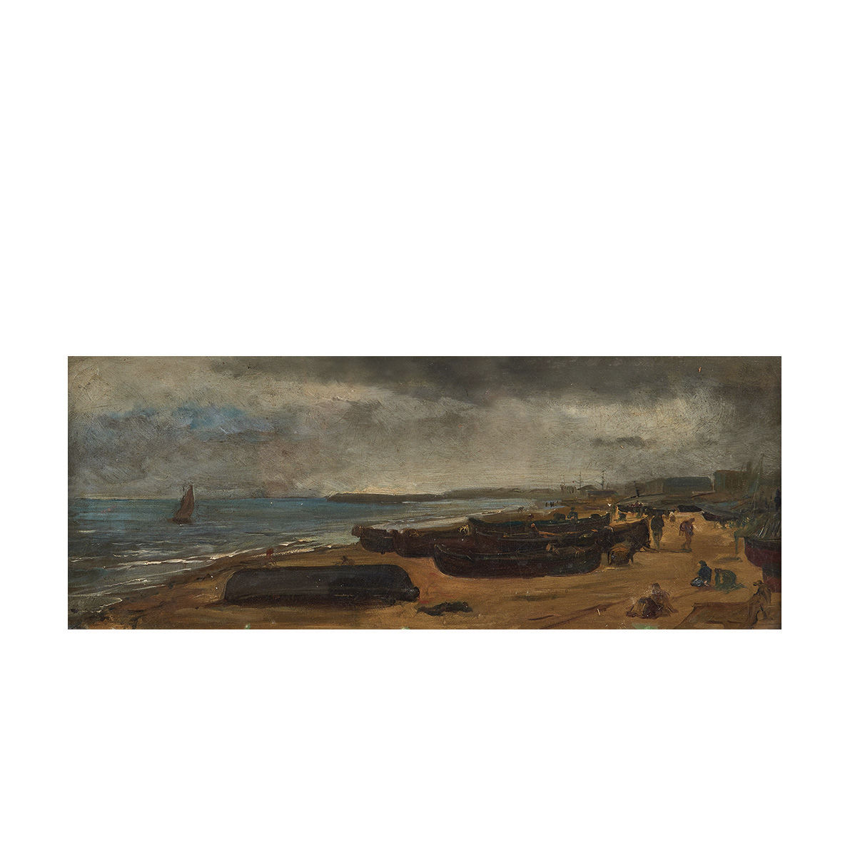 Atribuido a Ramon Martí Alsina (Barcelona, 1826-1894) Playa con figuras. Óleo sobre tela. 23 x 57,