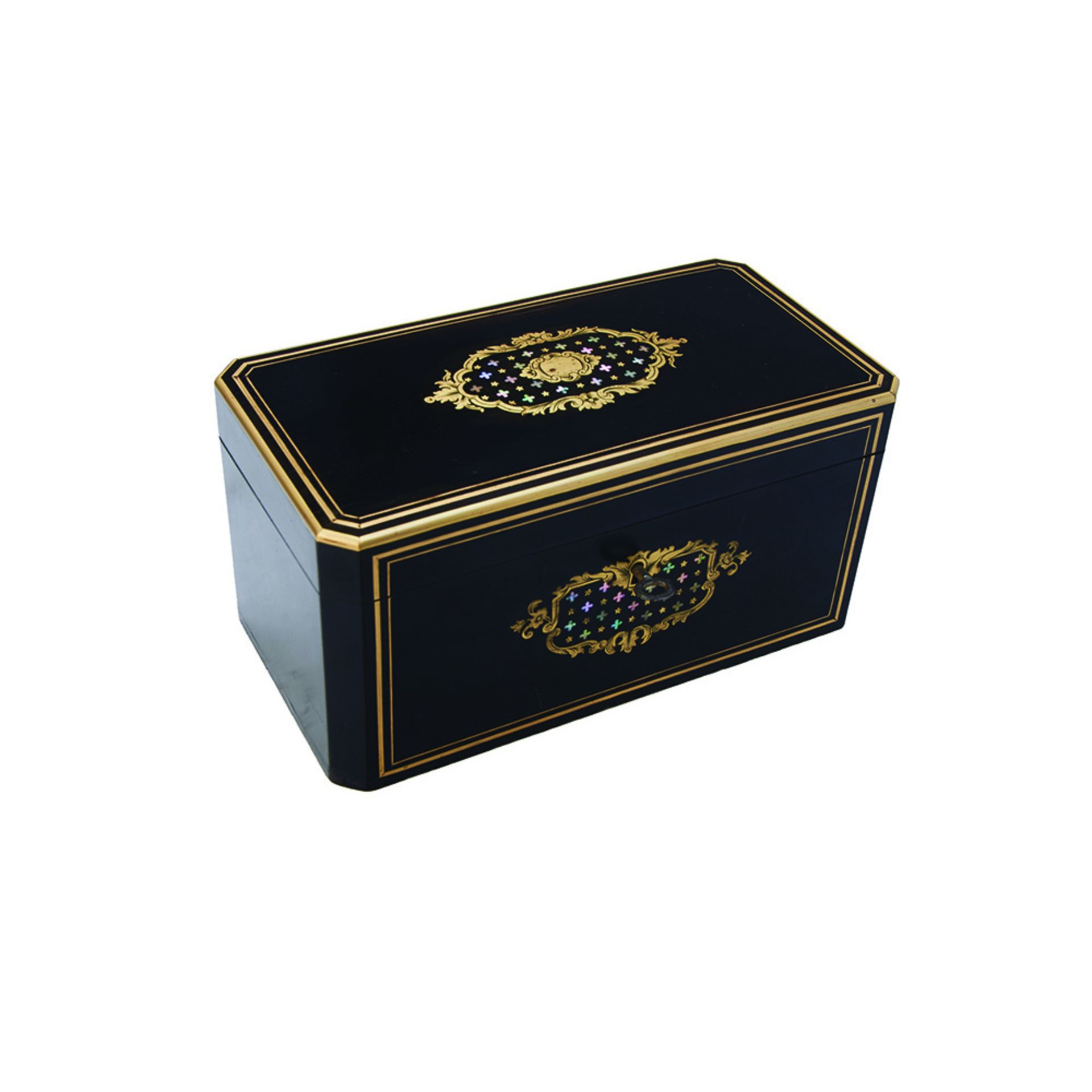 Caja de té francesa Napoleón III en madera ebonizada con marquetería en latón y madreperla, fles.