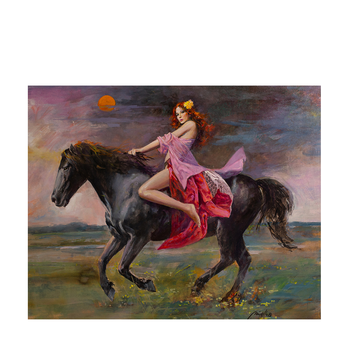 Josep Maria Miralles (Barcelona, 1937) Amazona a caballo. Óleo sobre tela adherida a tabla. Firmado.