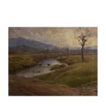 Melcior Domenge (Olot, Girona, 1871-1939) Paisaje con río. Óleo sobre tela. Firmado. 39,5 x 50,5