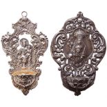 Lote de dos benditeras en plata repujada y cincelada con representación de la Virgen del Carmen y la