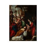 Escuela flamenca, s.XVII. Seguidor de Rubens. La Adoración de los Reyes Magos. Óleo sobre cobre.