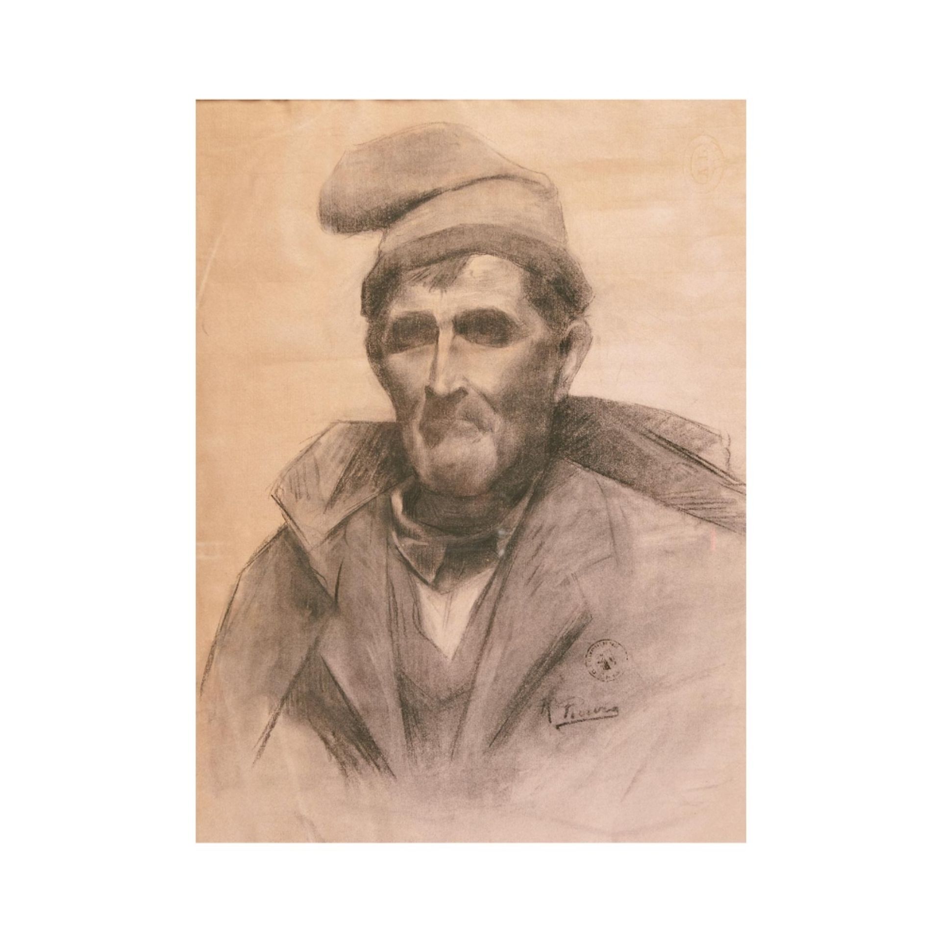 Escuela catalana, s.XX. Retrato masculino. Dibujo a carboncillo sobre papel. Firmado R. Roura. 61