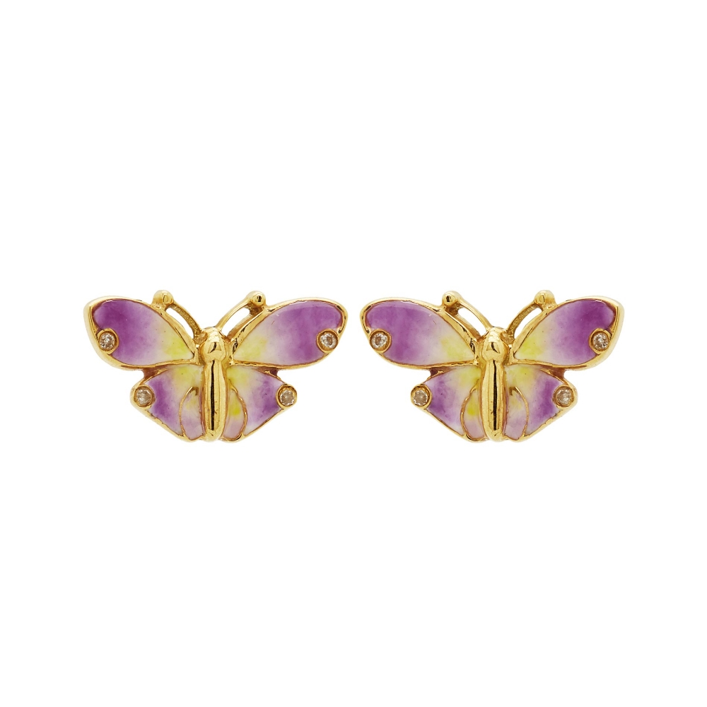 Pendientes diseño mariposa en oro y esmalte con diamantes talla brillante engastados en chatón. Peso