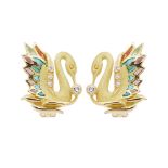 Pendientes diseño cisne en oro mate y brillo con diamantes talla brillante y esmalte plique-à-