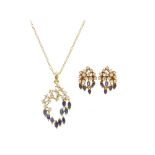 Juego de pendientes y colgante en oro con diamantes talla brillante y zafiros